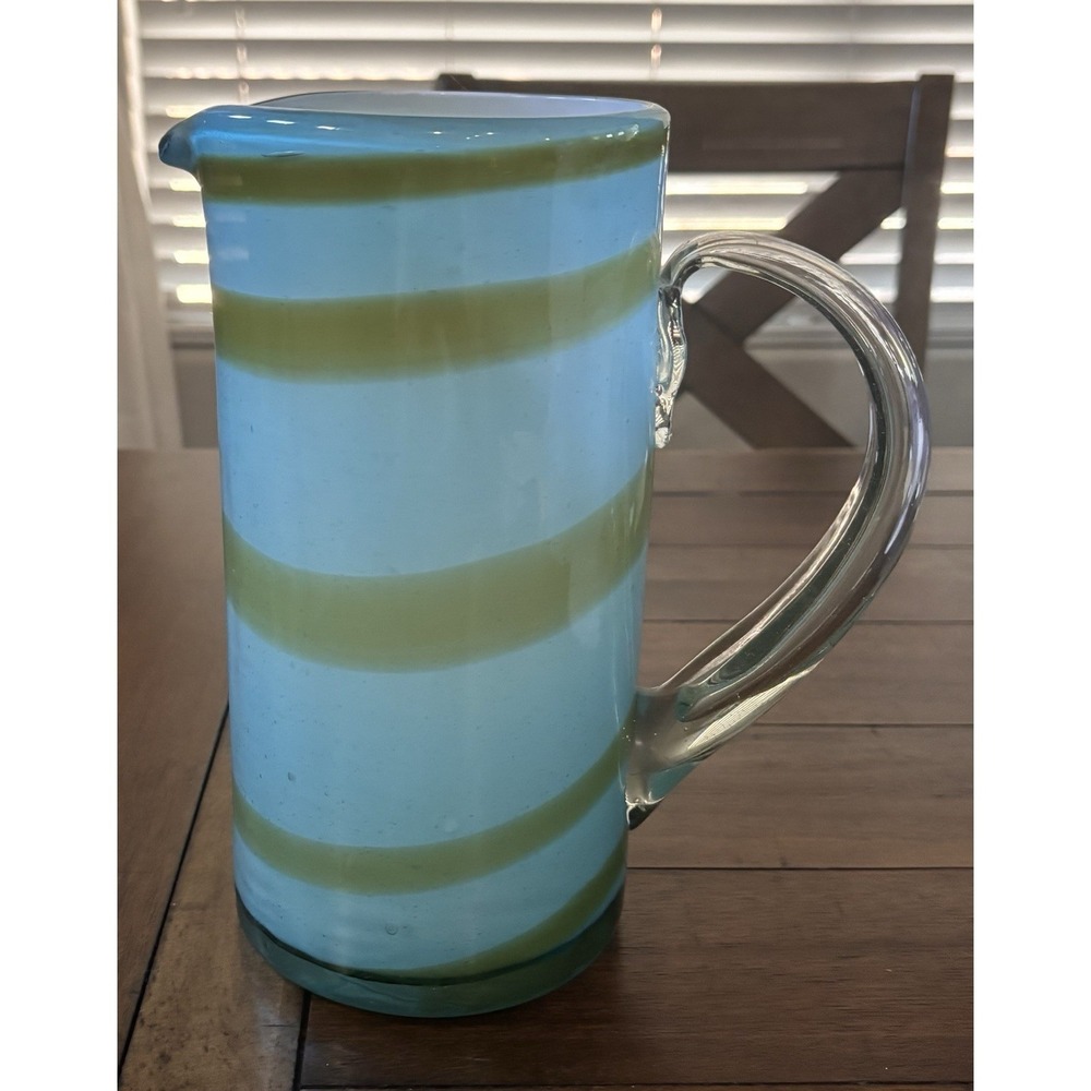 Vintage Art Glass Water Martini Margarita Pitcher Green Blue Handmade EUC